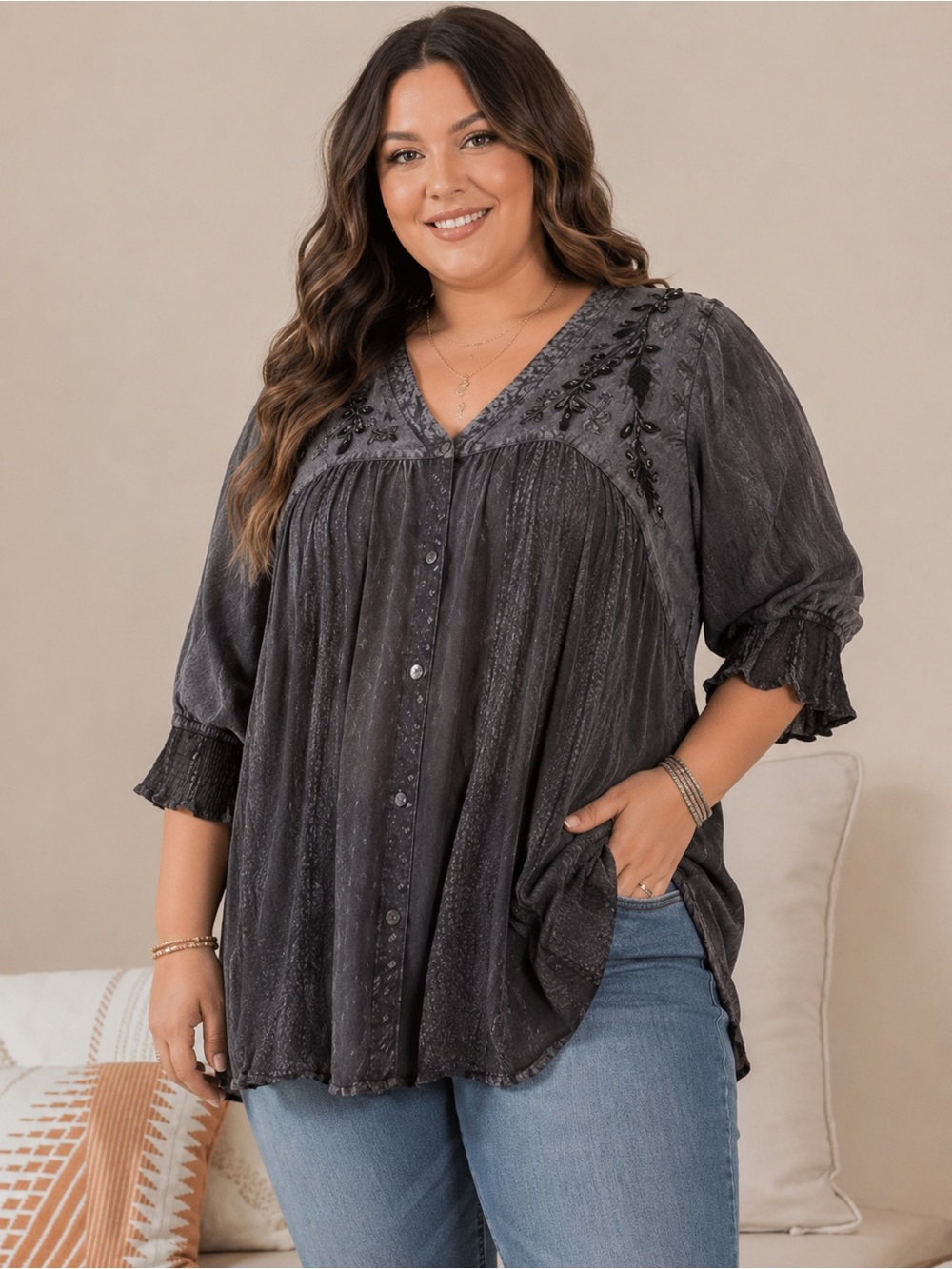 Young Threads Gray Embroidered Button-Down Women's Top, 1x